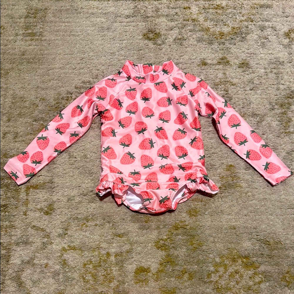 Poppy Kids Co Toddler Girl Pink Strawberry Long-Sleeve Rash Guard Swimsuit 2T